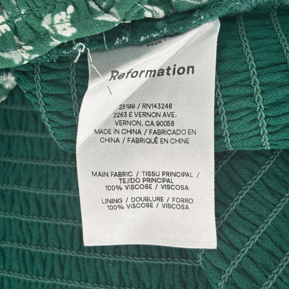 Reformation Pinto Smocked Top Green Parsley Women Size Medium Floral Long Sleeve